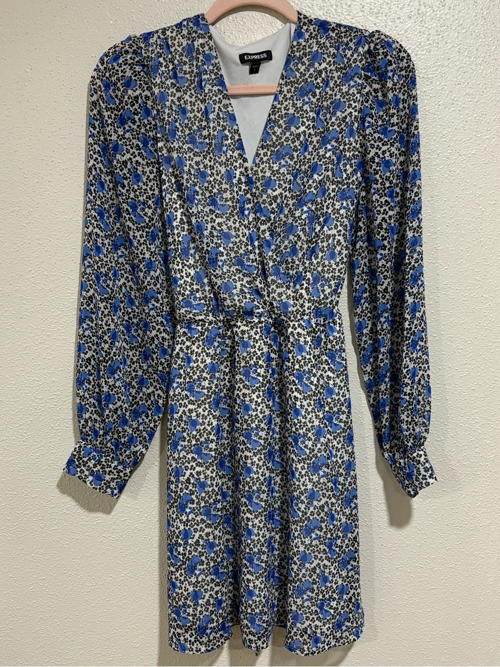 Express Blue Floral Long Sleeve Dress Size Small Sheer Sleeves Metallic Thread
